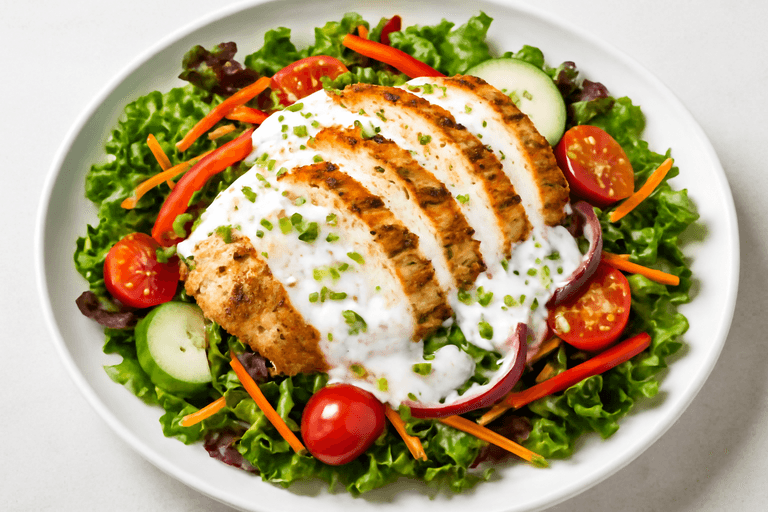 Salată de pui cu legume crocante și sos de iaurt