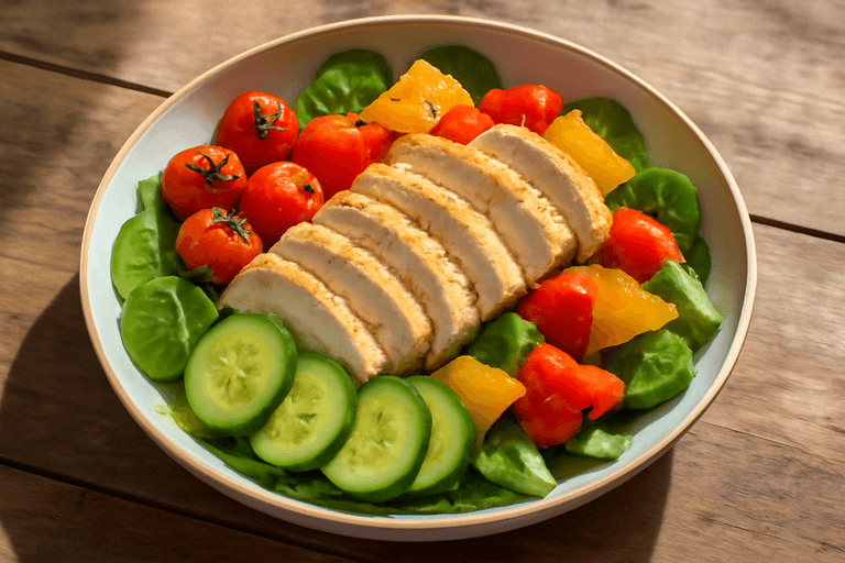 Lätt kycklingsallad med rostade grönsaker