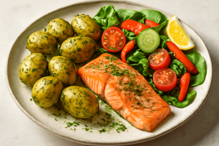 Laxfilé med örtfärskpotatis & krispig grönsaksallad