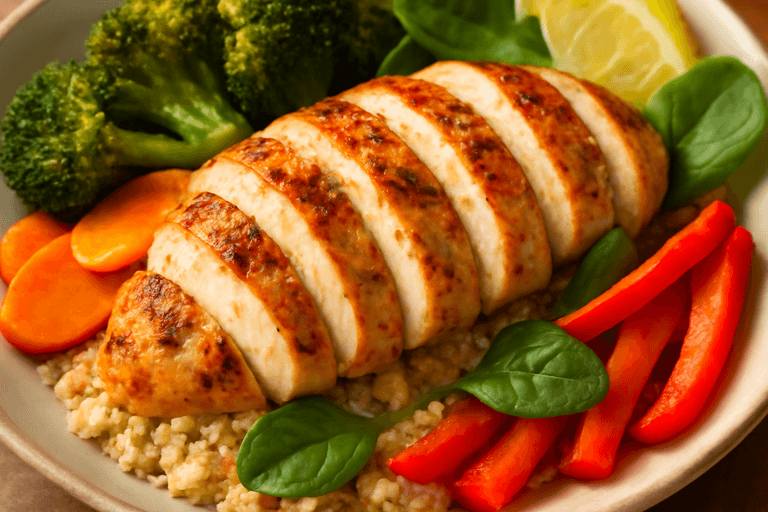 Ugnsbakad kycklingfilé med rostade grönsaker och quinoa