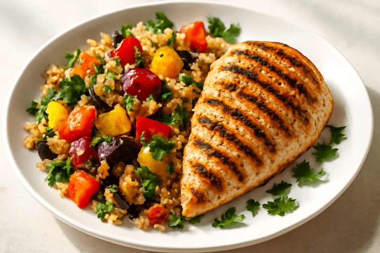 Kycklingfilé med rostade grönsaker och fullkornsquinoa