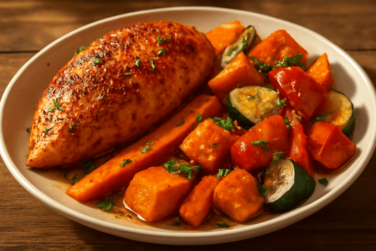 Kryddig kycklingfilé med rostade grönsaker