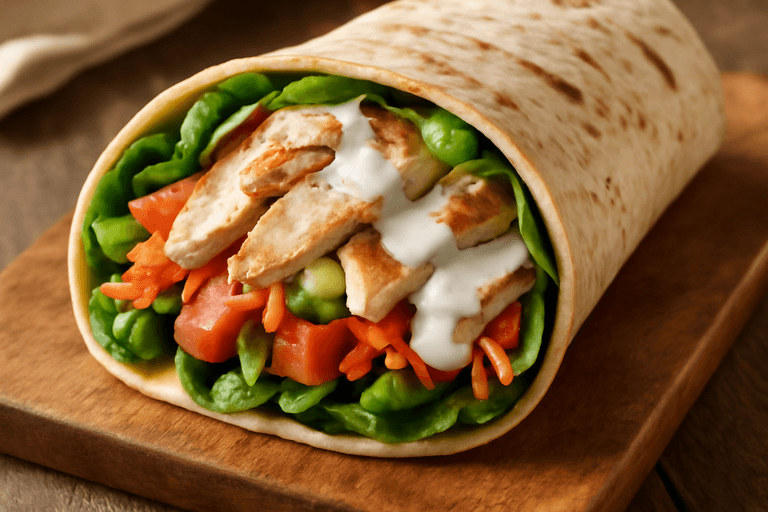 Kycklingwrap med färska grönsaker och yoghurt-dressing