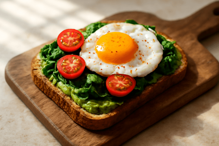 Tostada de Aguacate y Huevo con Tomate y Espinacas
