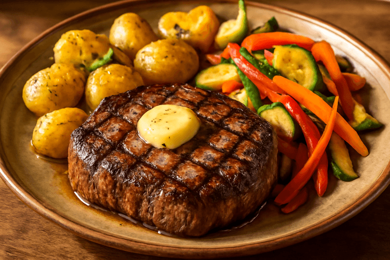 Bistecca di Manzo alla Griglia con Patate Arrosto e Verdure Colorate
