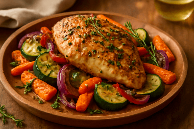 Poulet rôti aux herbes et légumes colorés