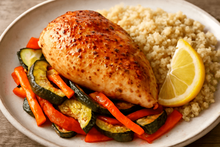 Pollo asado con verduras al horno y quinoa