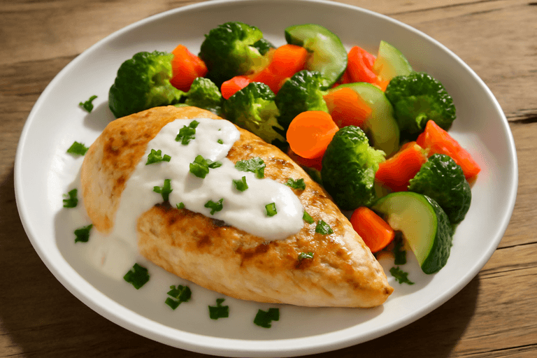 Piept de pui la grătar cu legume la abur și sos de iaurt