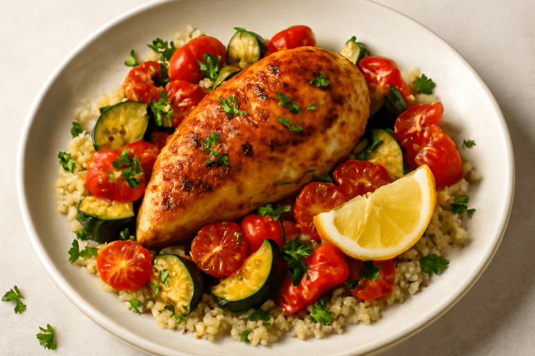 Pui la cuptor cu legume mediteraneene și quinoa