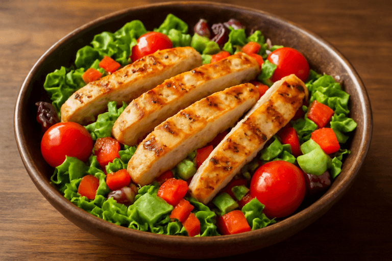 Salată sățioasă cu piept de pui la grătar și legume proaspete