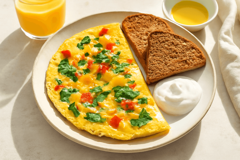 Omletă echilibrată cu legume fresh și pâine integrală