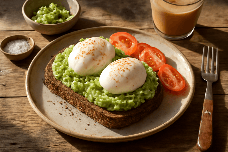 Mic dejun clasic cu ouă poșate și avocado pe pâine integrală