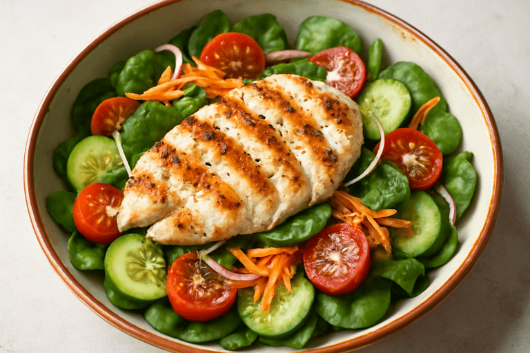 Salată clasică cu piept de pui la grătar și legume crocante