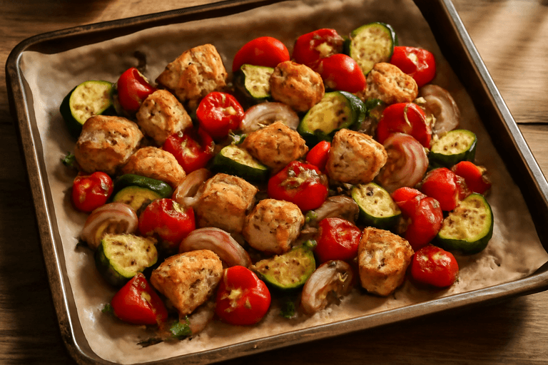 Pui la cuptor cu legume mediteraneene