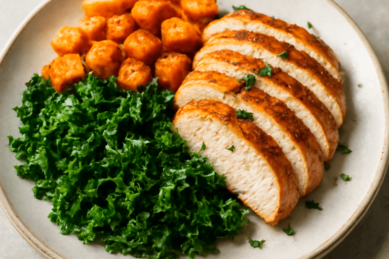 Ugnsbakad kycklingfilé med rostad sötpotatis och grönkål