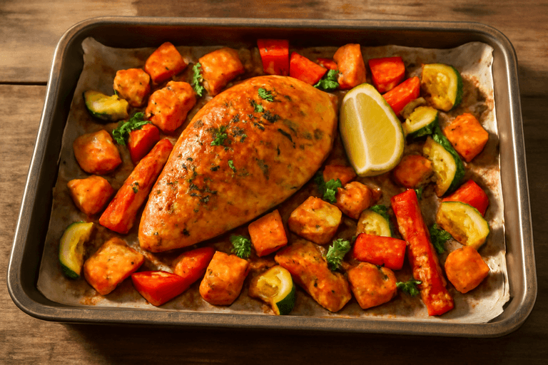 Klassisk ugnsbakad kyckling med rostade grönsaker