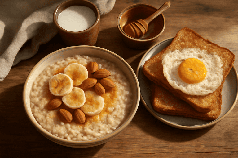 Desayuno Clásico Energético: Tazón de Avena y Frutas con Huevo y Tostadas