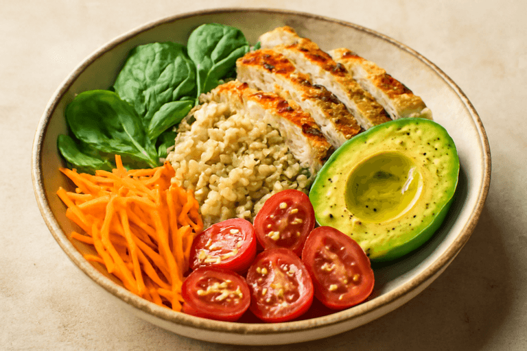 Bowl clásico energético de pollo a la plancha y quinoa