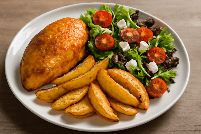 Pollo clásico al horno con papas doradas y ensalada fresca