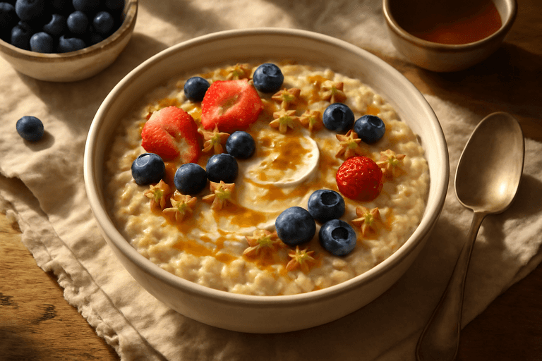 Śniadaniowa owsianka z owocami i jogurtem greckim