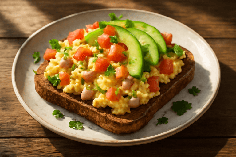 Kraftvolles Rührei mit Vollkornbrot und Avocado