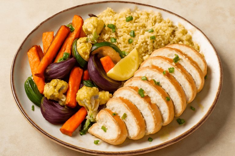 Lätt Kycklingfilé med Ugnsrostade Grönsaker & Quinoa