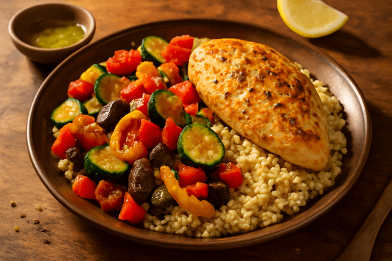 Ψητό Κοτόπουλο με Λαχανικά και Πλιγούρι