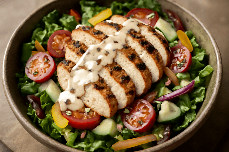 Salată clasică de pui la grătar cu legume și dressing de iaurt