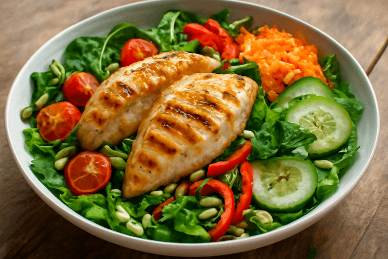 Salată clasică de pui la grătar cu legume proaspete