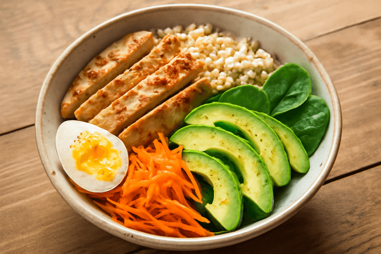 Tazón clásico de pollo y arroz con aguacate y huevo
