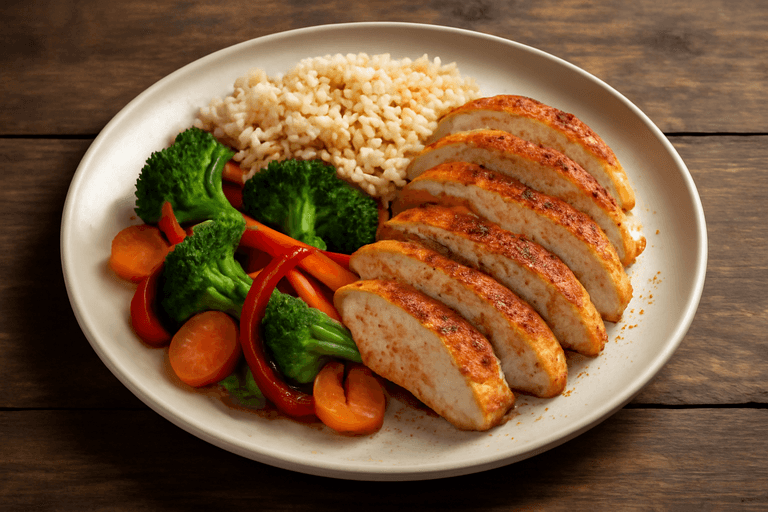 Pollo a la plancha con arroz integral y vegetales salteados