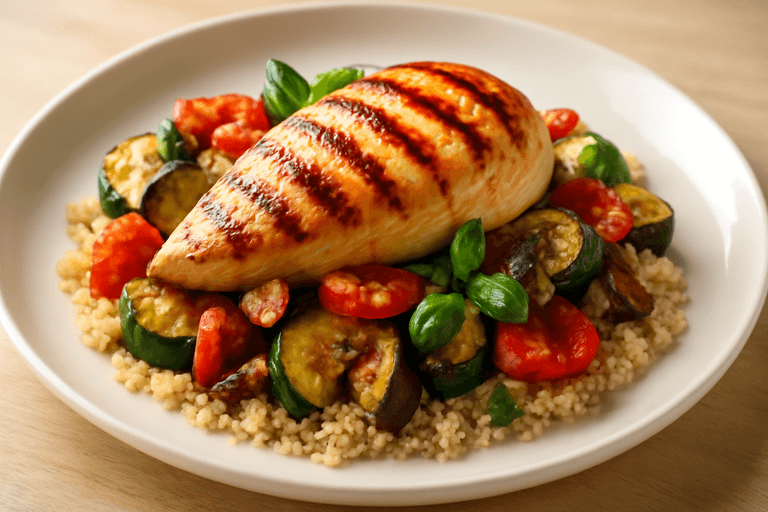 Gegrilltes Hähnchen mit mediterranem Gemüse und Quinoa