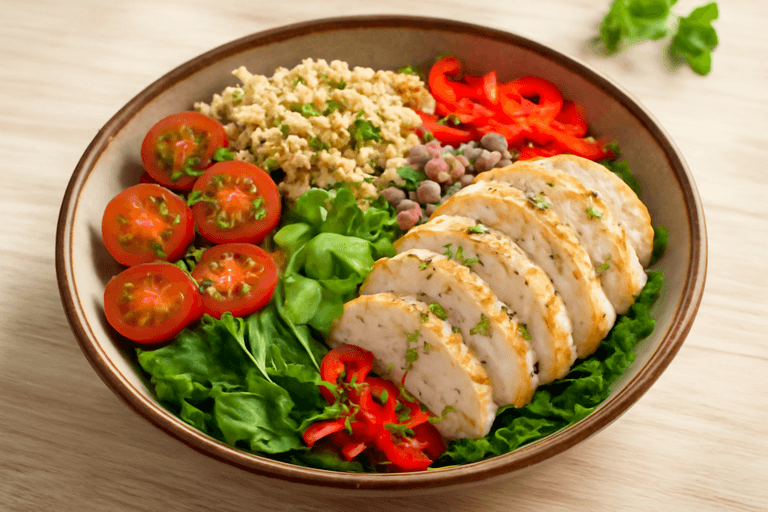 Fargerik kyllingsalat med quinoa og grønnsaker