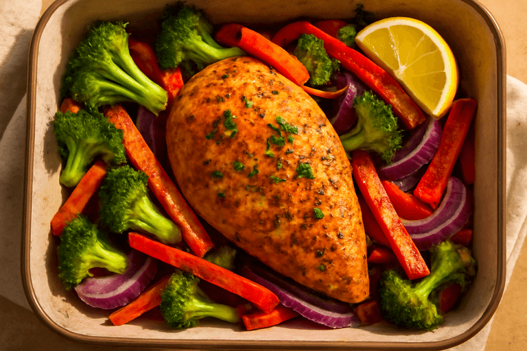 Saftig ovnsbakt kyllingfilet med ovnsstekte grønnsaker