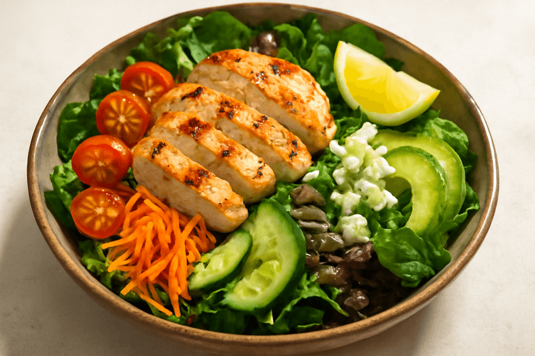 Salată clasică cu piept de pui la grătar și legume proaspete