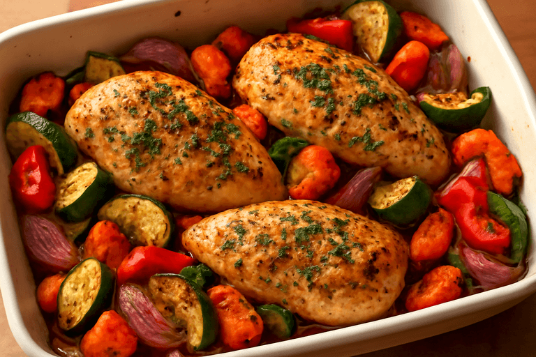 Pui la cuptor cu legume și ierburi aromate