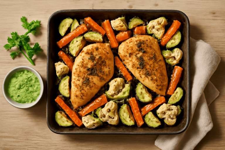 Ugnsbakad kycklingfilé med rostade grönsaker och örtsås