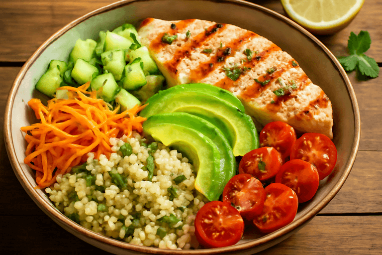 Salada de Frango Grelhado com Quinoa, Abacate e Legumes Crocantes