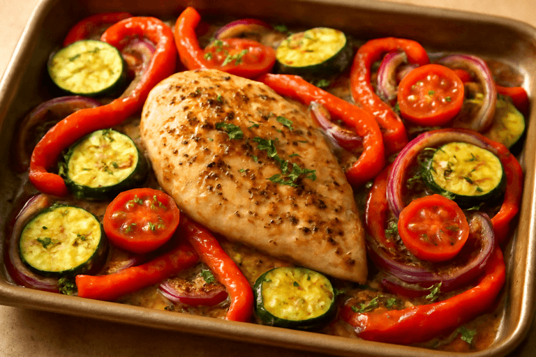 Pollo asado ligero con vegetales mediterráneos