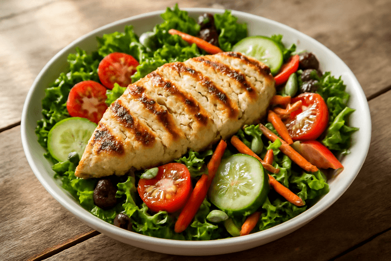 Salată de pui la grătar cu legume proaspete și dressing ușor