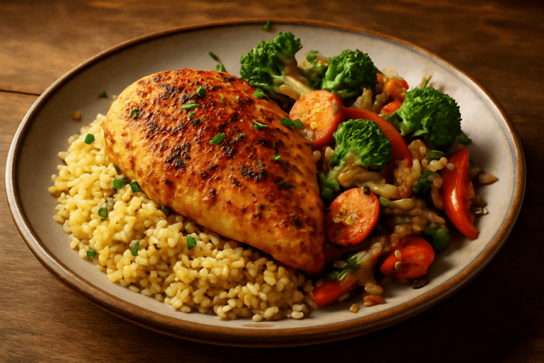 Grillowana pierś z kurczaka z warzywami i kaszą bulgur