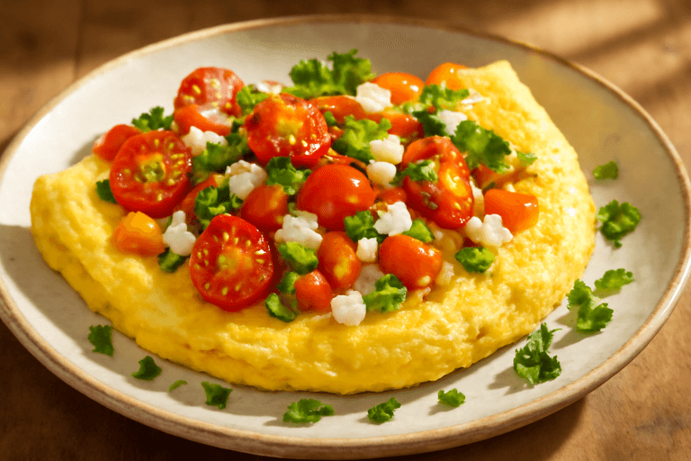 Omletă de dimineață cu legume și brânză slabă