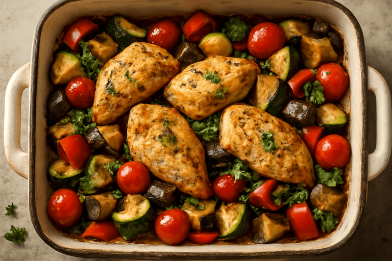 Pui la cuptor cu legume mediteraneene