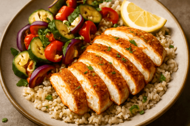 Gebratene Hähnchenbrust mit mediterranem Gemüse und Vollkornreis