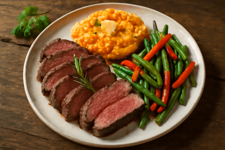 Kräftiges Rindersteak mit Süßkartoffel-Stampf und Gemüse