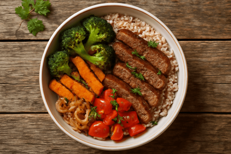 Herzhafte Rinder-Bowl mit geröstetem Gemüse und Vollkornreis
