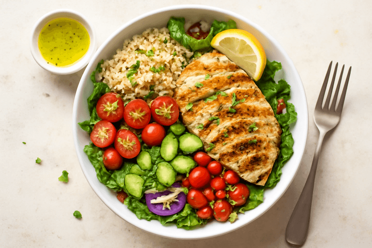 Färgstark kycklingsallad med quinoa och citronvinägrett