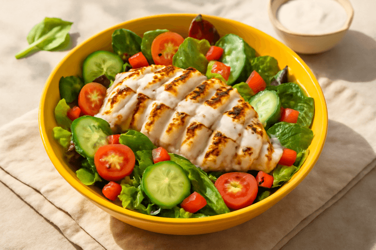 Salată de pui la grătar cu legume proaspete și dressing ușor de iaurt