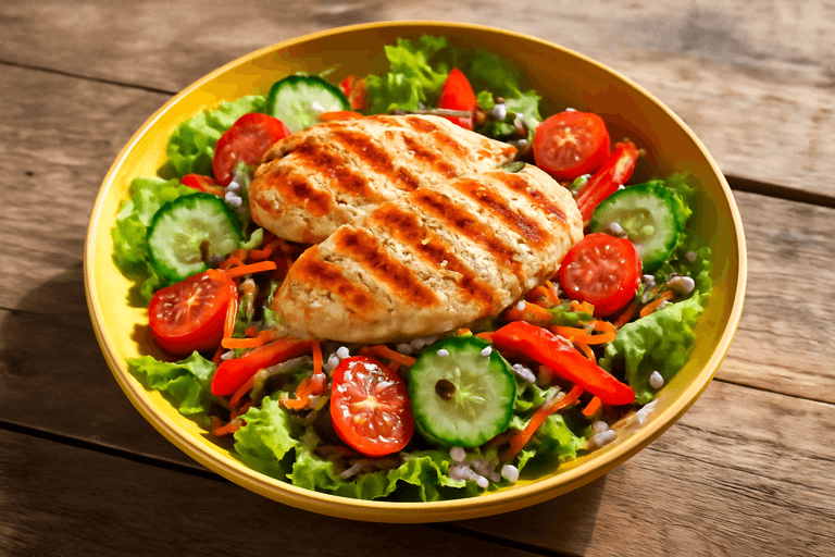 Salată clasică cu piept de pui la grătar și legume proaspete