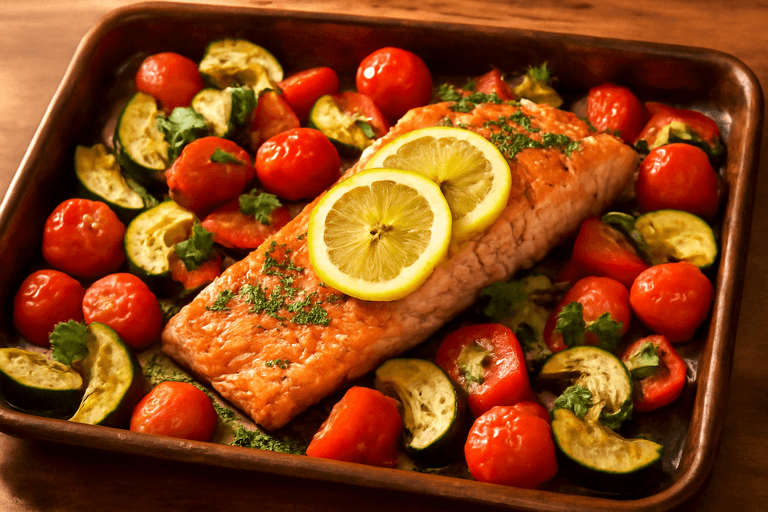 Somon la cuptor cu legume mediteraneene